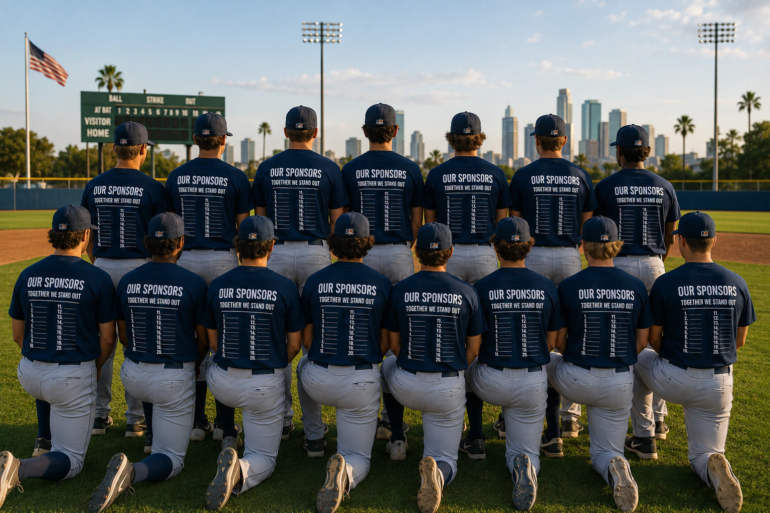 Baseball team with sponsor shirts