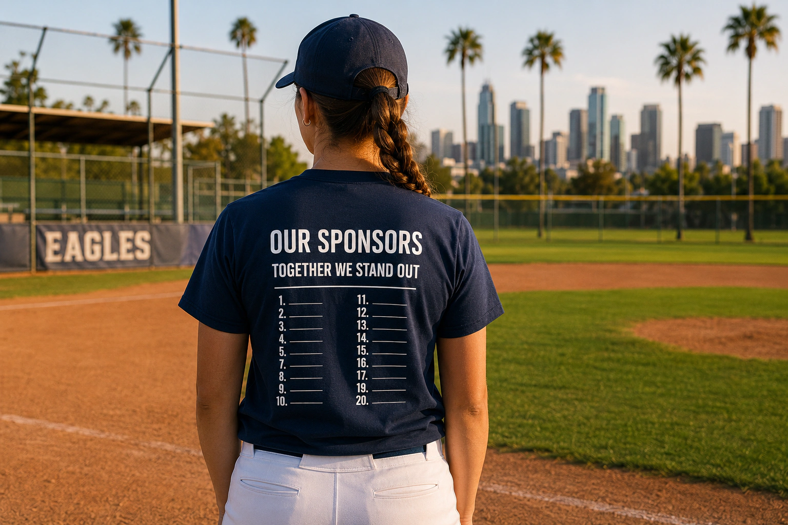 Player with navy sponsor shirt on a softball field