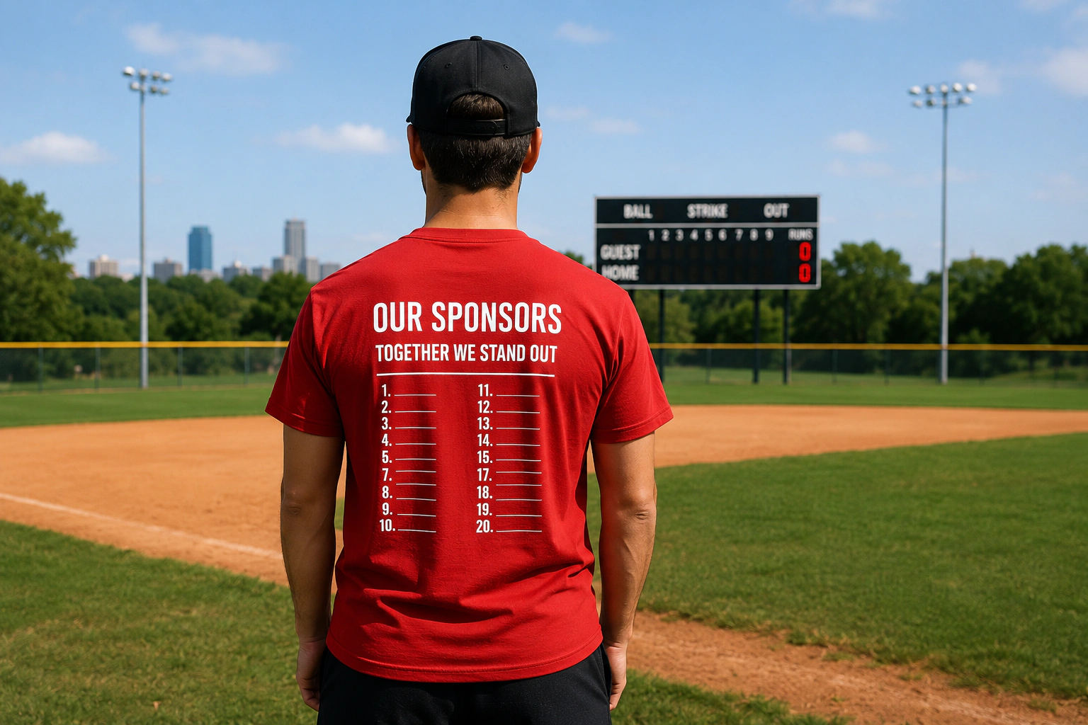 Player with red sponsor shirt on a baseball field